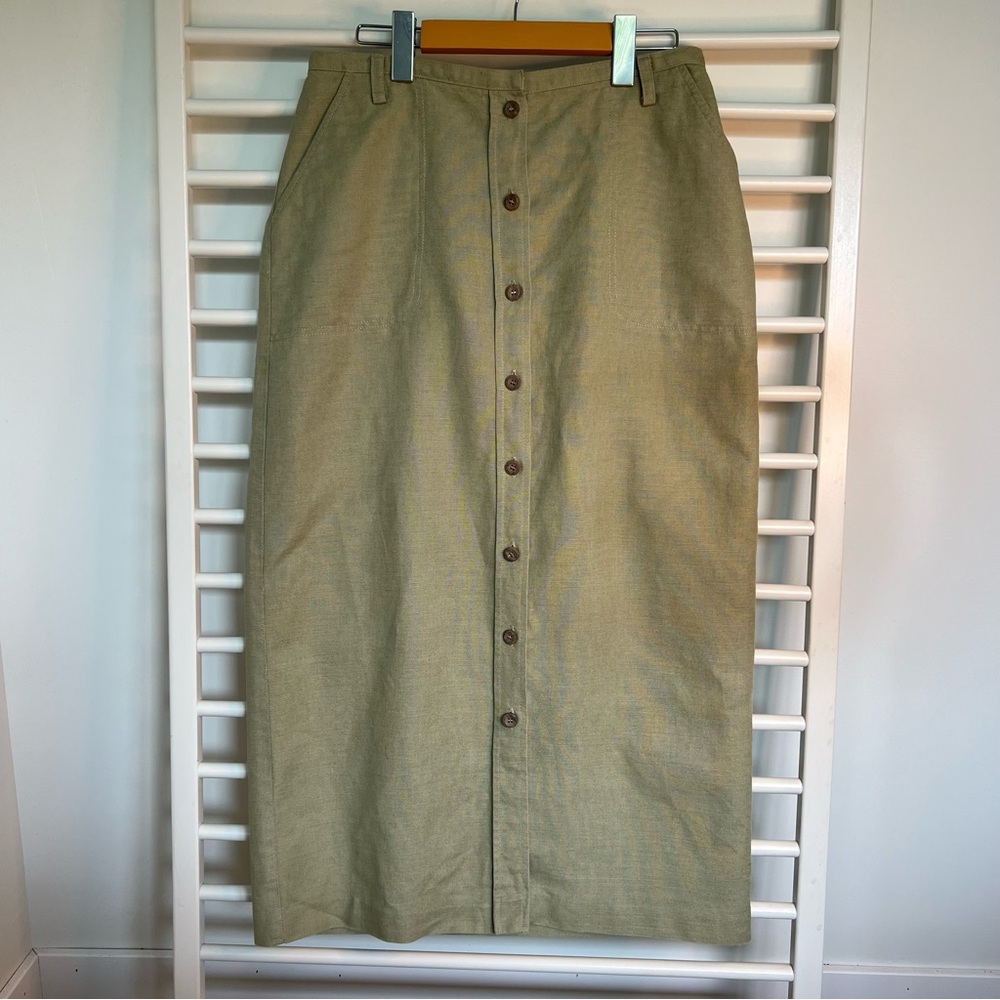 Vintage Liz Claiborne Khaki-Olive Linen Blend Button-Down Midi Skirt, Size 12